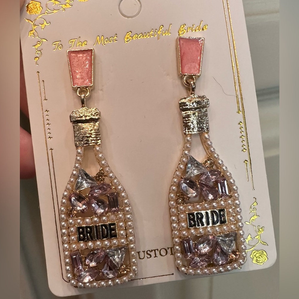 Bride Champagne Bottle Earrings‎ with Rhinestones | Gold & Pink | Bachelorette